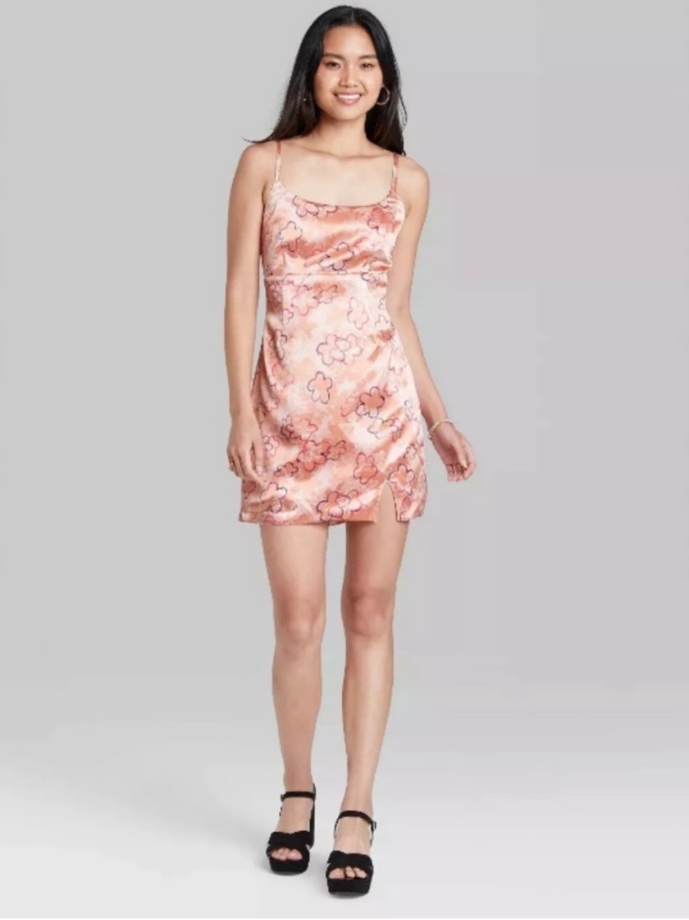 Retro Style Silky Pink Floral Notch Slip Mini Dress Medium